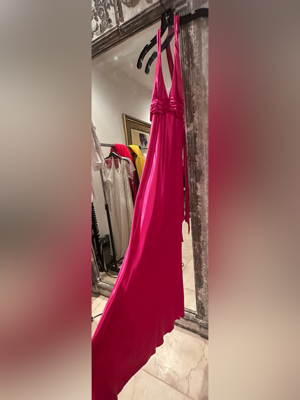 Frederick’s of Hollywood Vintage fuschia satin halter neck gown elegant tie back